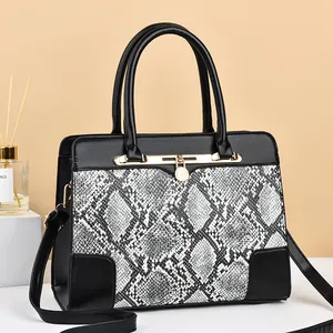 Women Snake Print PU Leather Handbag Gold Hardware Padlock Decor Top Handle Shoulder Crossbody Bag Fashion Streetwear Accessory