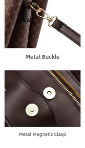 Detailed macro view of golden metal hooks and magnetic buckle on textured leather handbag