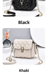 Close-up of quilted chain bags in black and khaki with golden hardware and base studs