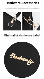 Close-up of gold-plated heart zipper and metallic brand logo on a black handbag