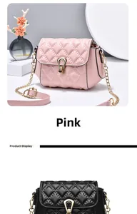 Close-up of pink quilted chain strap bag with golden U-shaped buckle and metal hardware