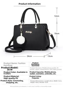 Detailed size chart for black PU leather handbag showing 24x13x18cm dimensions