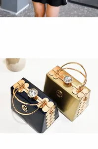 Detail of mini hardshell handbags with gemstone floral clasps and metal handles