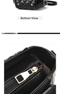 Close-up of black quilted leather bag showing gold zipper detail and bottom texture
