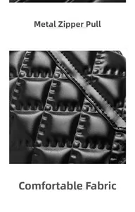 Detail shot of black quilted faux leather fabric with precise stitching and matte texture
