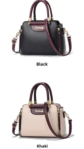 Detail view of large capacity handbags in black and khaki with contrast color straps
