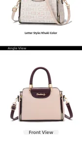 Detail view of khaki monogram print and burgundy patchwork leather tote bag for women