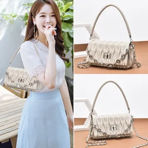 Chic beige pleated shoulder bag with rhinestone chain and woven handle for women