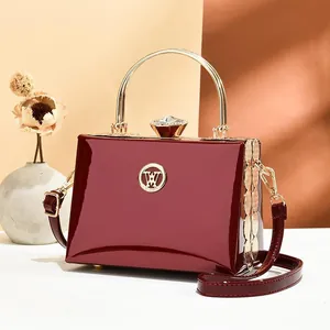 Luxury Patent Leather Cowhide Handbag For Women Vintage Evening Bag With Metal Handle Crystal Lock Shoulder Crossbody Bag