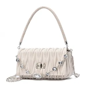 French style ruched pearl shoulder bag in beige with rhinestone lock and chain strap