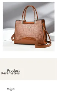 Detail of a brown crocodile pattern handbag with golden logo and premium PU texture