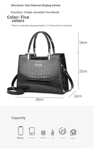 Detailed dimension chart for glossy black crocodile pattern shoulder bag measuring 29x12x21cm