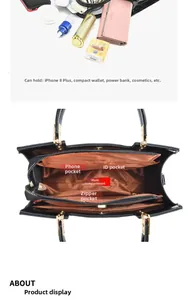 Detail view of the bag interior showing organized pockets for phone, wallet and cosmetics