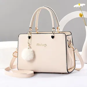 Women PU Leather Handbag Fashion Top Handle Crossbody Bag With Pom Pom Charm Gold Hardware Casual Tote For Daily Use