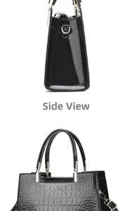 Side view and detail of black glossy handbag with embossed crocodile texture and silver hardware