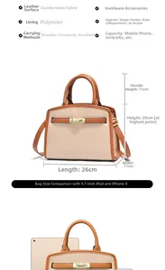 Dettaglio dimensioni borsa 26x20x11CM con scomparti interni e trama in pelle di qualità