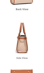 Viste dettagliate del retro, del lato e del fondo della borsa beige con borchie metalliche