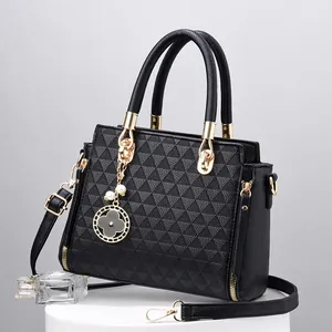 Women Fashion Geometric Triangle Embossed PU Leather Handbag With Four-Leaf Clover Artificial Pearl Charm Top Handle Crossbody Bag