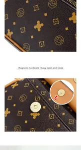 Detail of magnetic buckle closure on monogram printed crossbody bag with leather trim