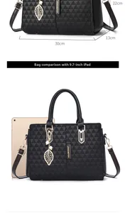 Black quilted handbag size comparison with 9.7-inch iPad showing spacious interior capacity