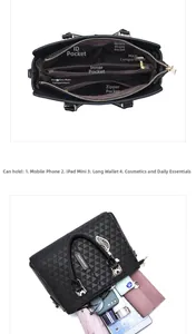 Detail view of the black handbag interior with multiple compartments and daily essentials