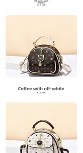 Detail view of printed monogram handbags with metal cat charms in beige and coffee