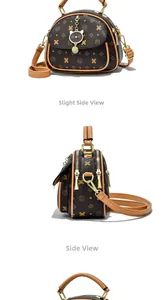 Detailed side view of vintage monogram dome bag with cat charm and dual zippers