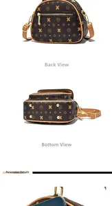 Detail view of vintage multi-compartment crossbody bag with cartoon bear print and metal studs