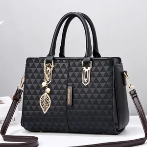 Women's Geometric Embossed PU Leather Handbag With Metal Leaf Charm Elegant Shoulder Crossbody Bag Tote For Daily Office