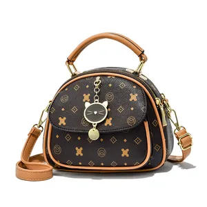 Women's Retro Monogram Printed Shell Handbag With Cat Pendant Multi-Compartment Top Handle Crossbody Bag Fashion Printed Fabric Purse