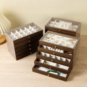 Multi-layer walnut wood and clear acrylic jewelry organizer with drawers for necklaces