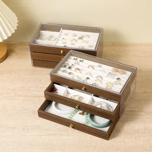Three-layer walnut jewelry box with acrylic lid for rings and necklaces storage
