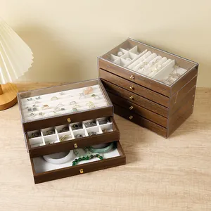 Walnut Wood Grain Multi-Layer Jewelry Storage Box Transparent Acrylic Lid Desktop Drawer For Necklace Ring Earring Women