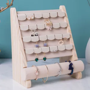 Wooden Jewelry Display Stand With Beige Velvet Multi-Layer Earring Holder Bracelet Watch Rack For Jewelry Showcase Organizer