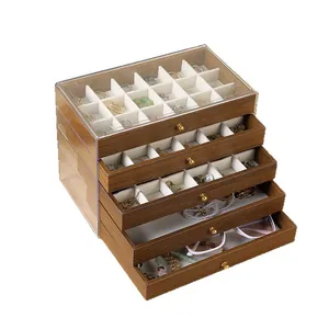 5-layer walnut wood jewelry box with transparent lid and white velvet lining drawers