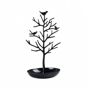 30cm black tree jewelry display stand with bird accents and base tray for ring storage