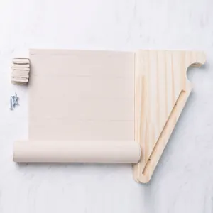 Detailed parts of a beige fabric jewelry roll organizer with natural wooden brackets