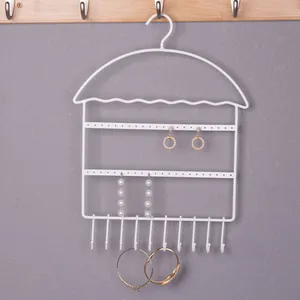 Expositor de joyas de hierro blanco en forma de casa con ganchos para collares