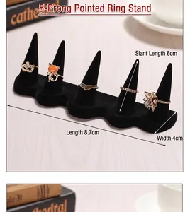 Soporte de terciopelo negro para 5 anillos con dimensiones de 8,7 cm de largo y 4 cm de ancho