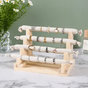 Multi-Tier Wood Jewelry Display Stand With Linen Covered Bars For Rings Bracelets Necklaces Storage Countertop Organizer