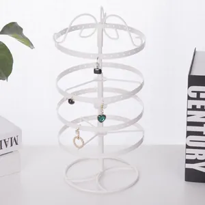 Detail showing white 4-layer rotating earring display stand with various jewelry