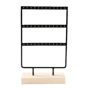 Porte-boucles d'oreilles 3 couches en métal noir avec 36 trous et socle en bois