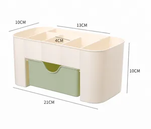 Dimensiones detalladas de caja organizadora de cosméticos con cajón y varios compartimentos