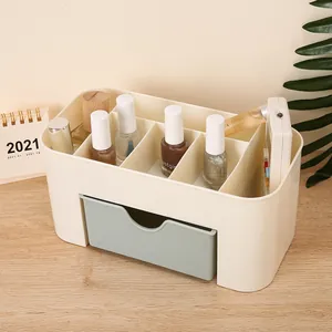 Macro detail of desktop organizer with multi-compartment top and light green drawer
