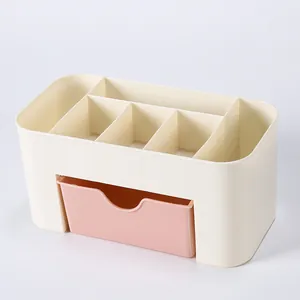 Detail view of cream white makeup organizer with light pink drawer and six top compartments