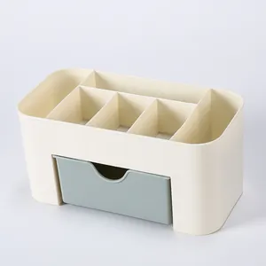 Close-up of cream white cosmetic storage box with blue drawer and top divider sections