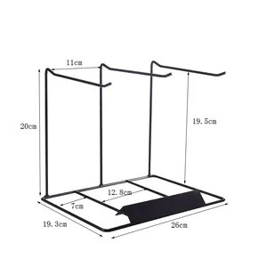 Detailed dimension guide for black iron jewelry stand with labeled heights and widths