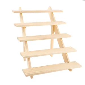 Five-tier solid wood trapezoidal display stand showing detailed natural grain texture