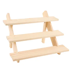 Three-tier solid wood stepped display stand with natural grain for jewelry and crafts