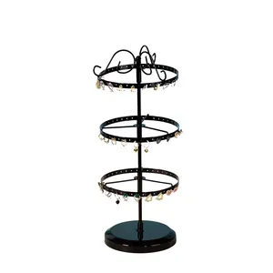Soporte giratorio de metal negro para joyas de 3 niveles con 130 agujeros